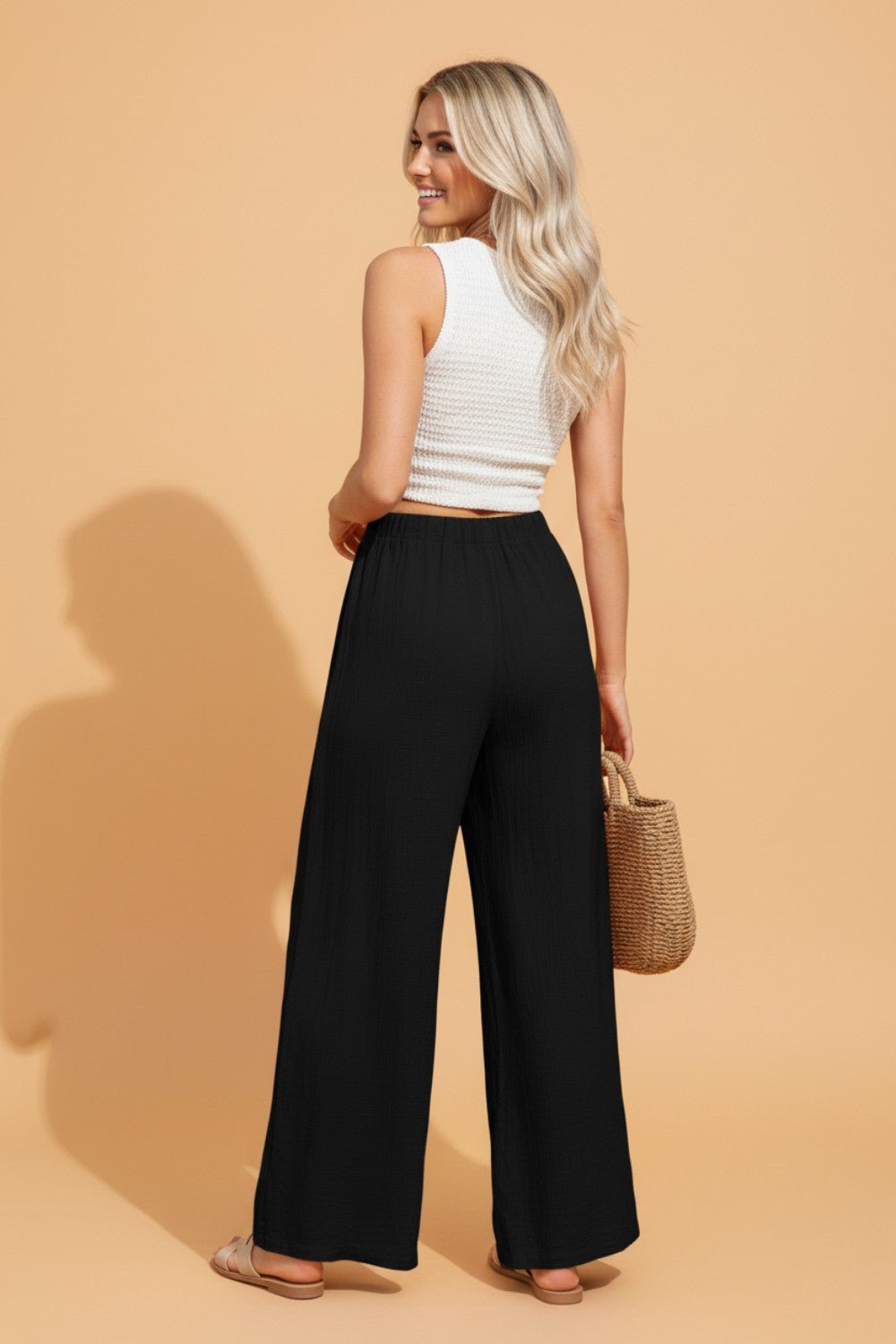 Solid Textured Crossed Waist Wide Leg Pants - Rooted & Reckless Co.