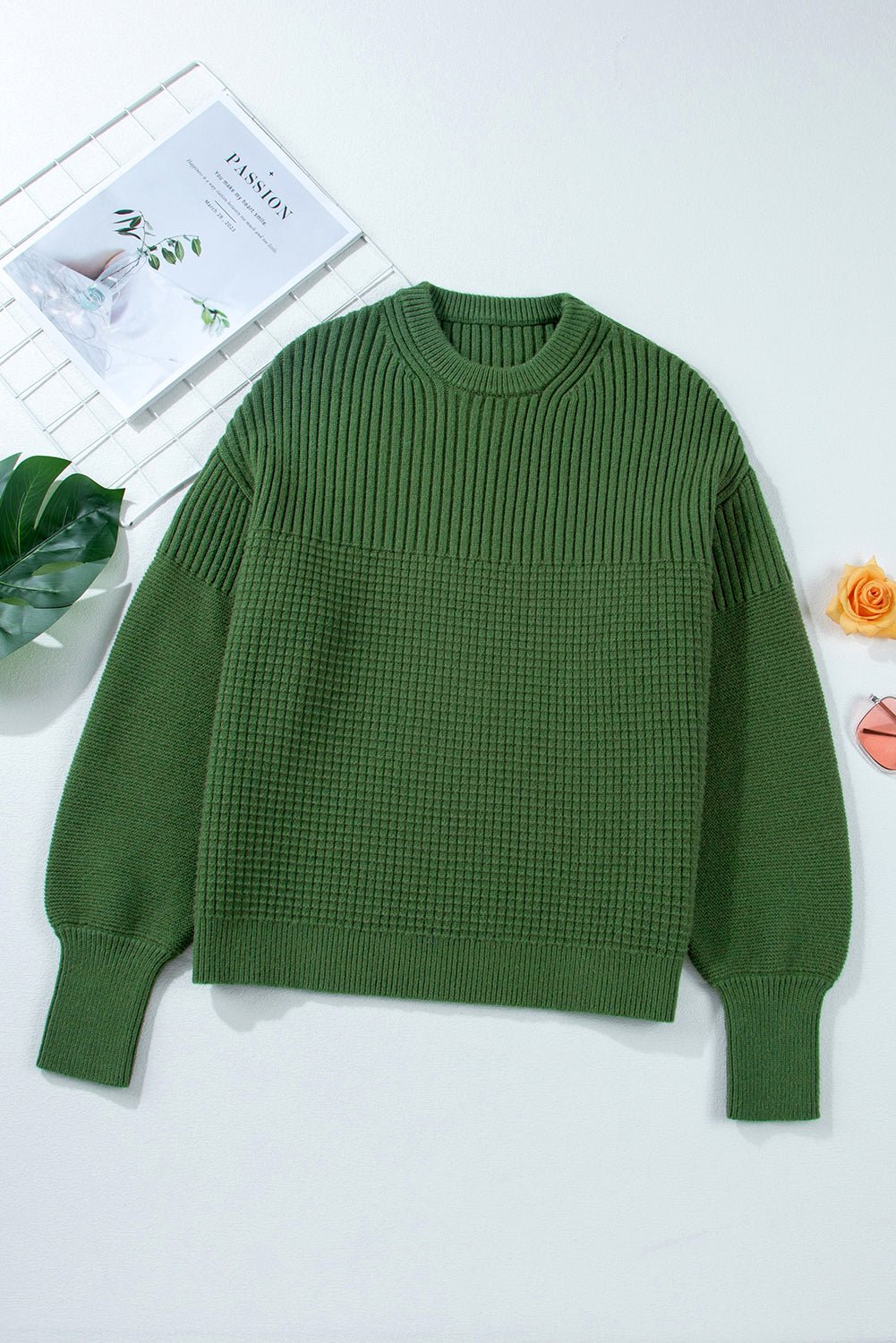 Solid Textured Knit Crewneck Sweater - Rooted & Reckless Co.