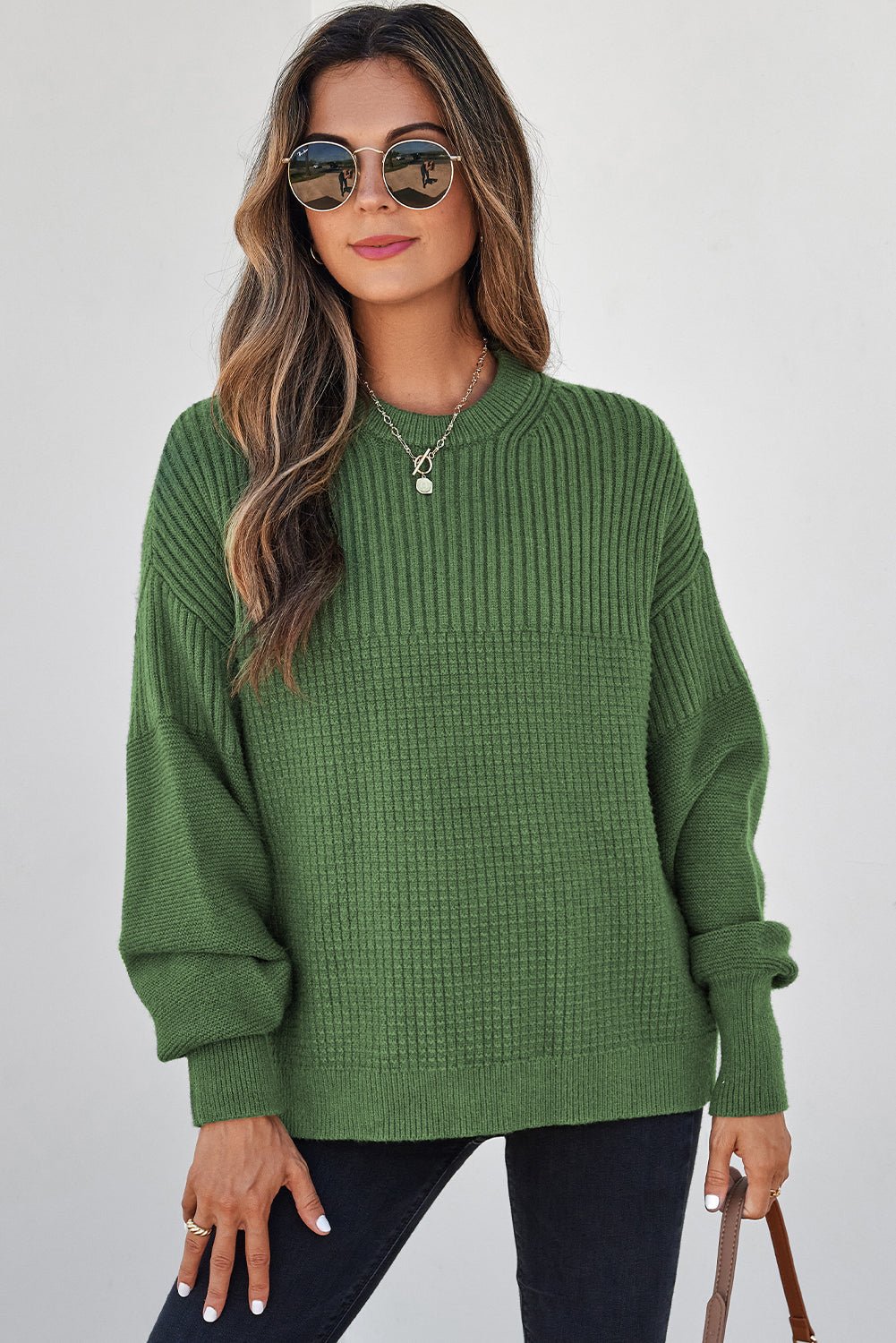 Solid Textured Knit Crewneck Sweater - Rooted & Reckless Co.