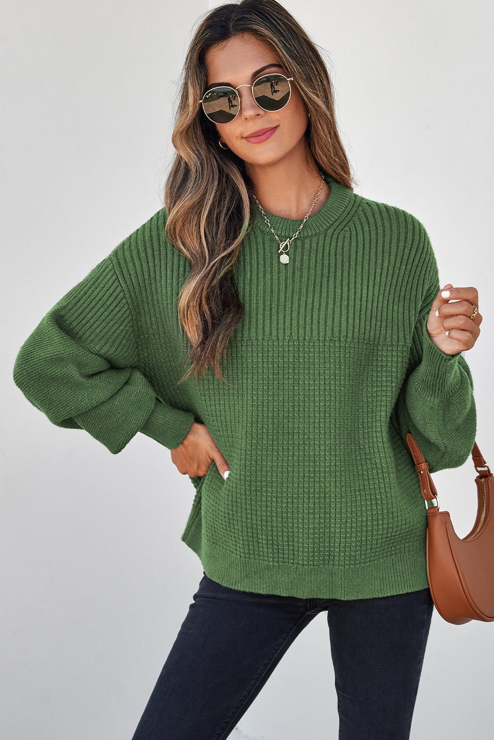 Solid Textured Knit Crewneck Sweater - Rooted & Reckless Co.