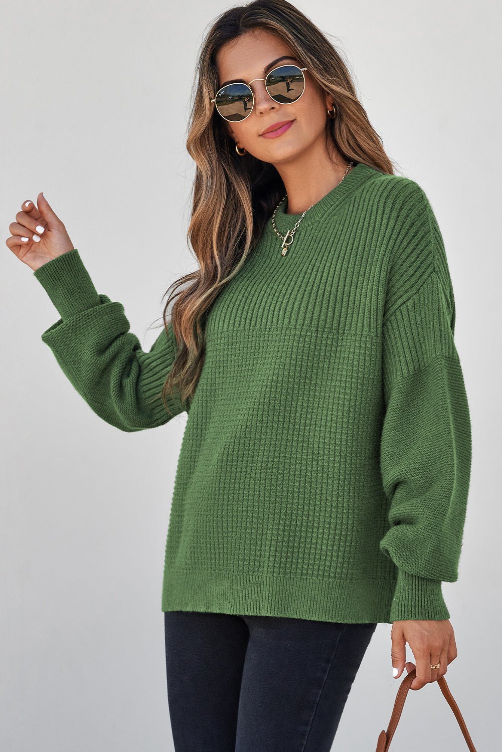 Solid Textured Knit Crewneck Sweater - Rooted & Reckless Co.