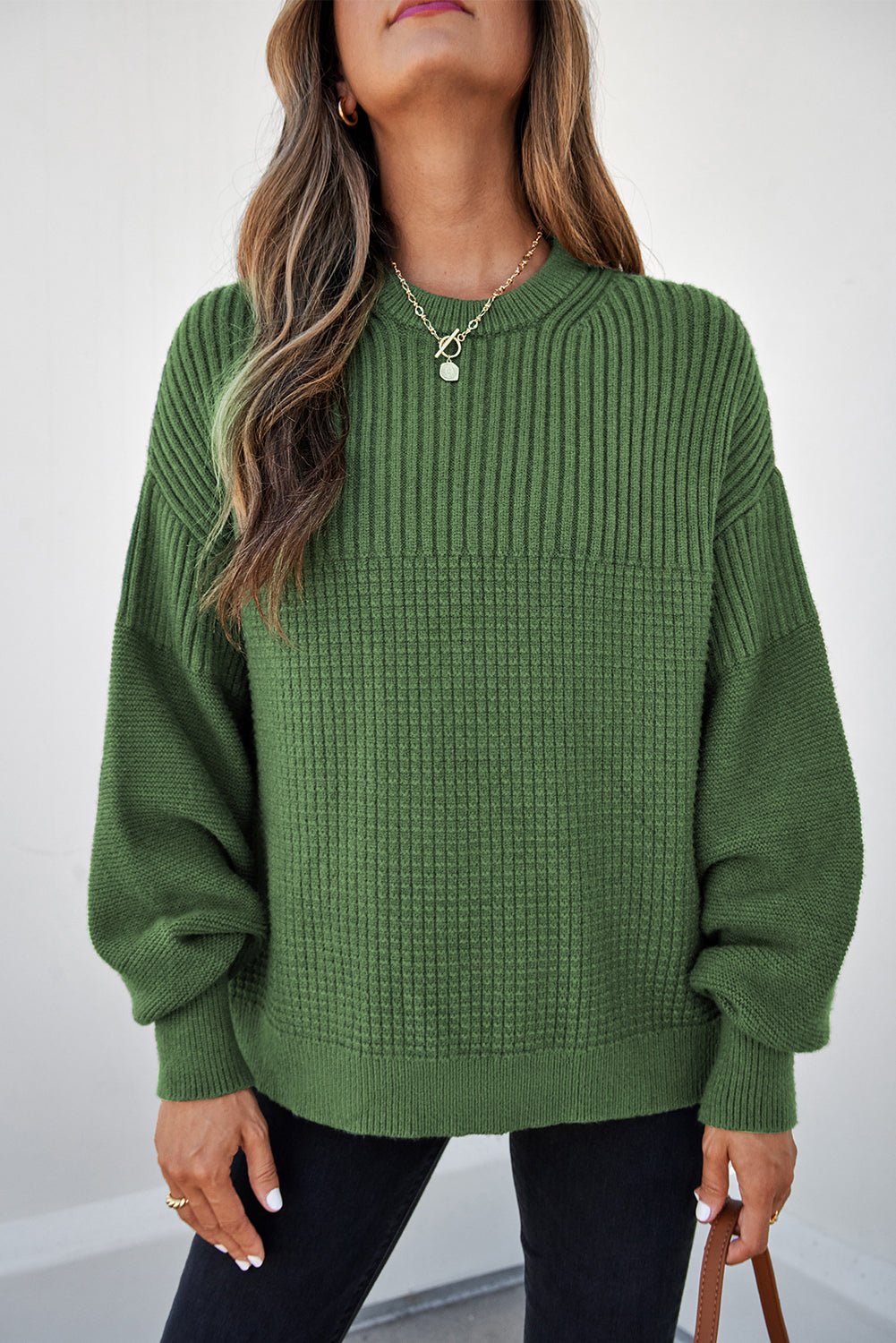Solid Textured Knit Crewneck Sweater - Rooted & Reckless Co.
