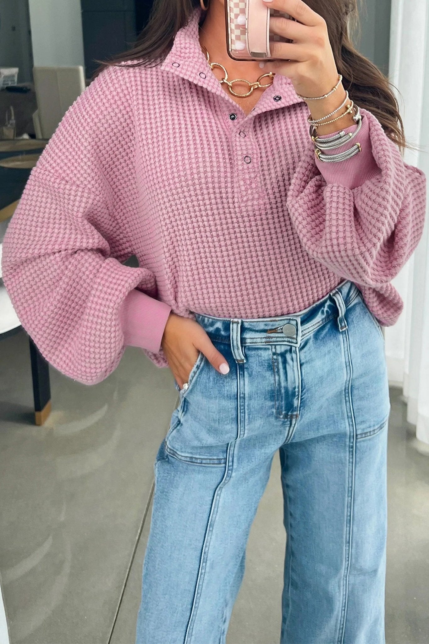 Solid Textured Knit Snap Button Collar Top - Rooted & Reckless Co.