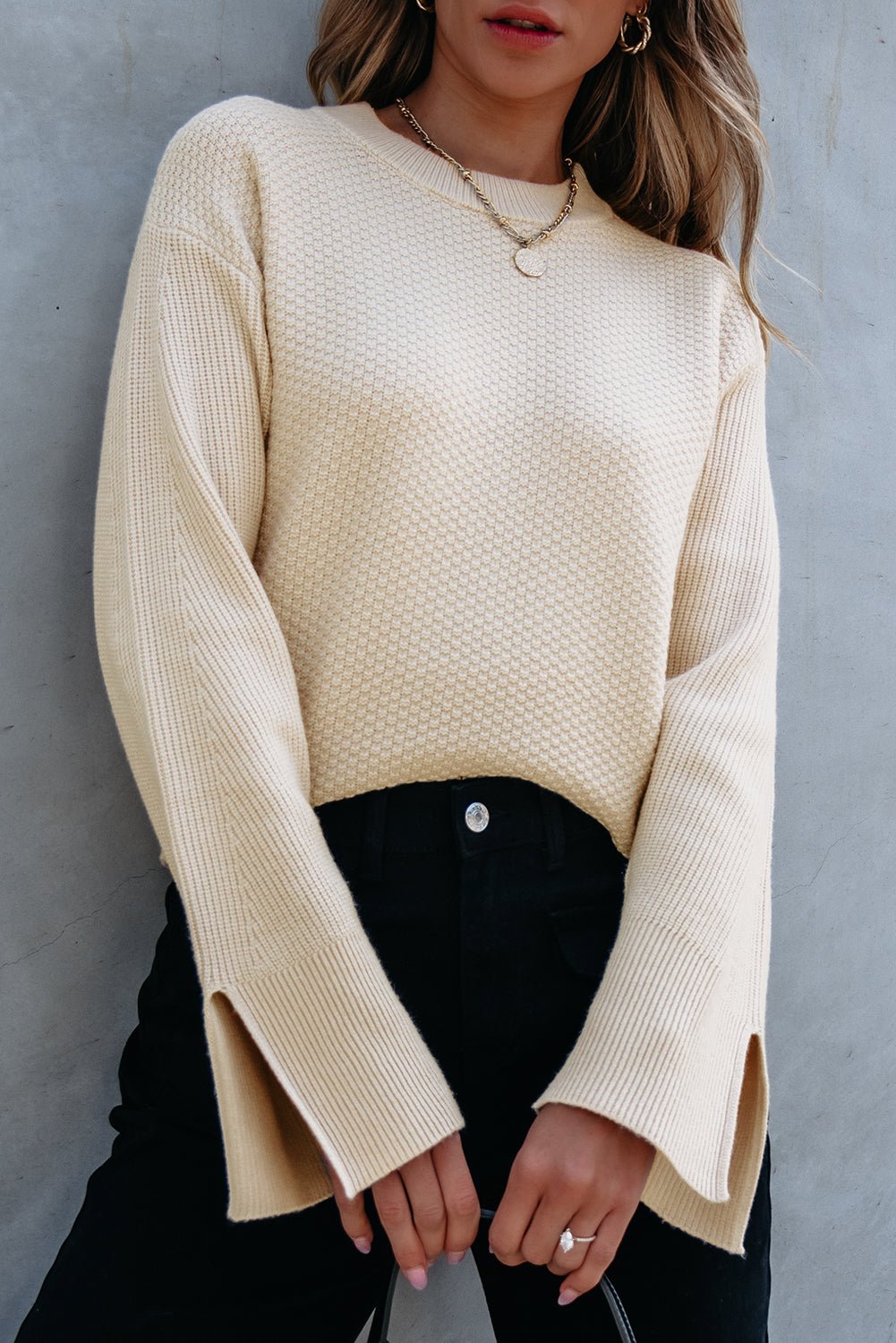 Solid Textured Knit Split Cuff Drop Shoulder Sweater - Rooted & Reckless Co.