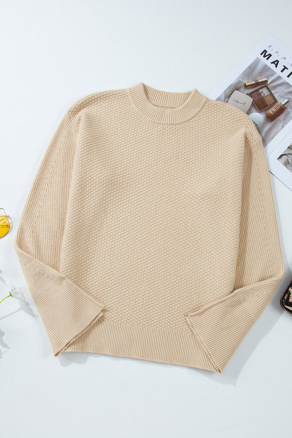 Solid Textured Knit Split Cuff Drop Shoulder Sweater - Rooted & Reckless Co.