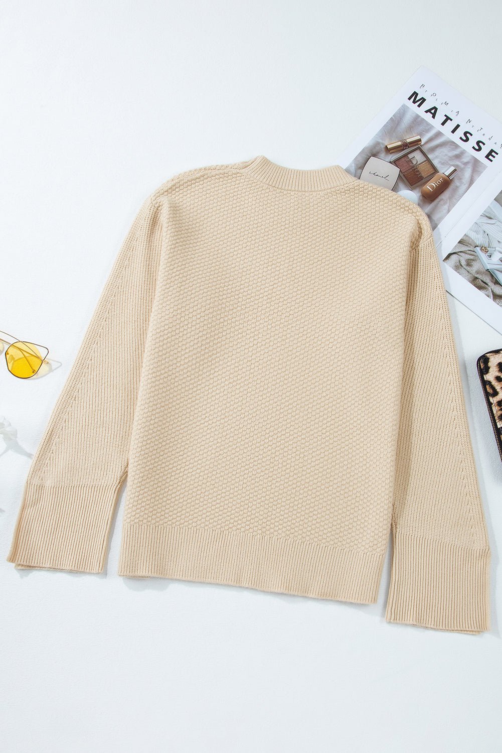 Solid Textured Knit Split Cuff Drop Shoulder Sweater - Rooted & Reckless Co.
