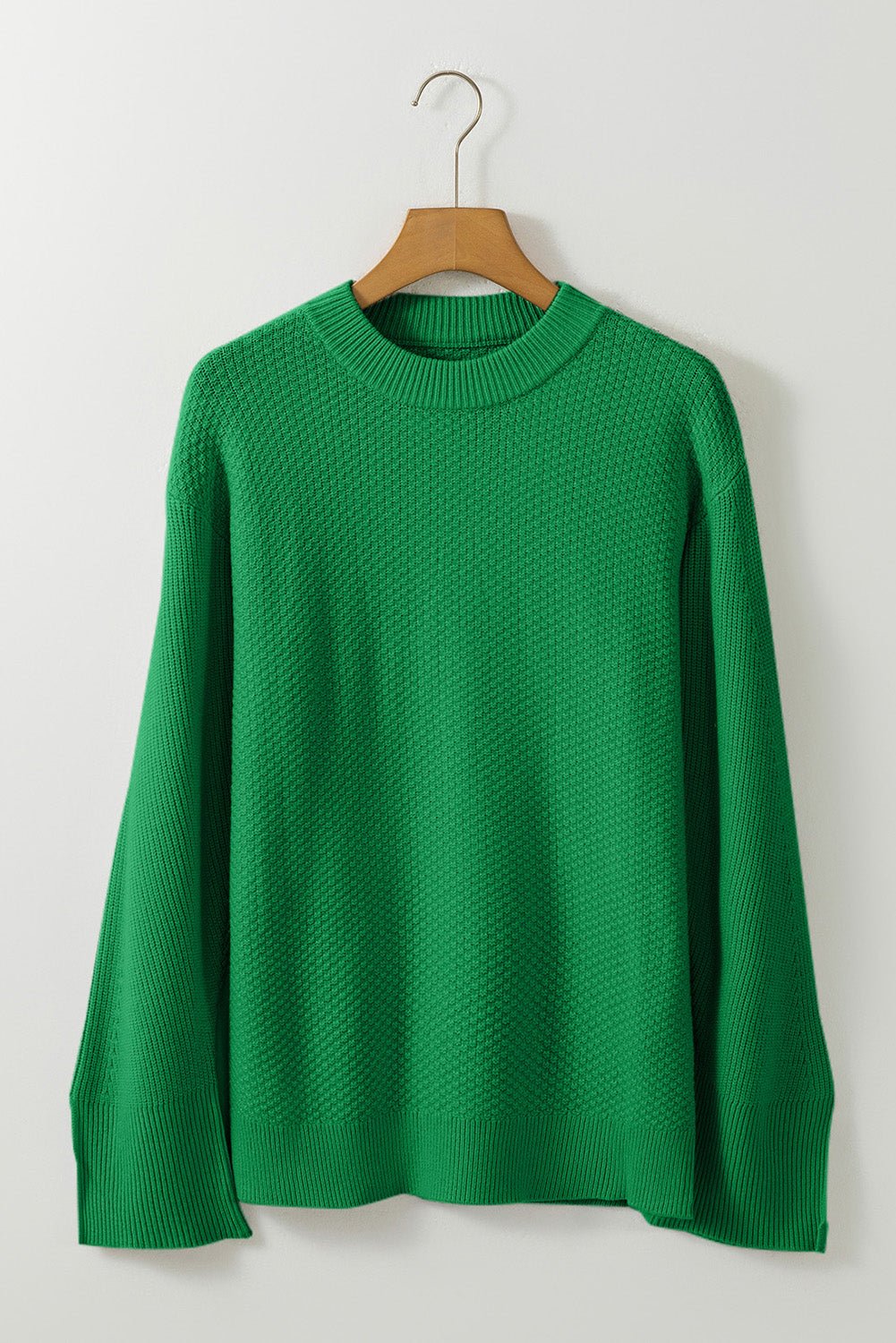 Solid Textured Knit Split Cuff Drop Shoulder Sweater - Rooted & Reckless Co.