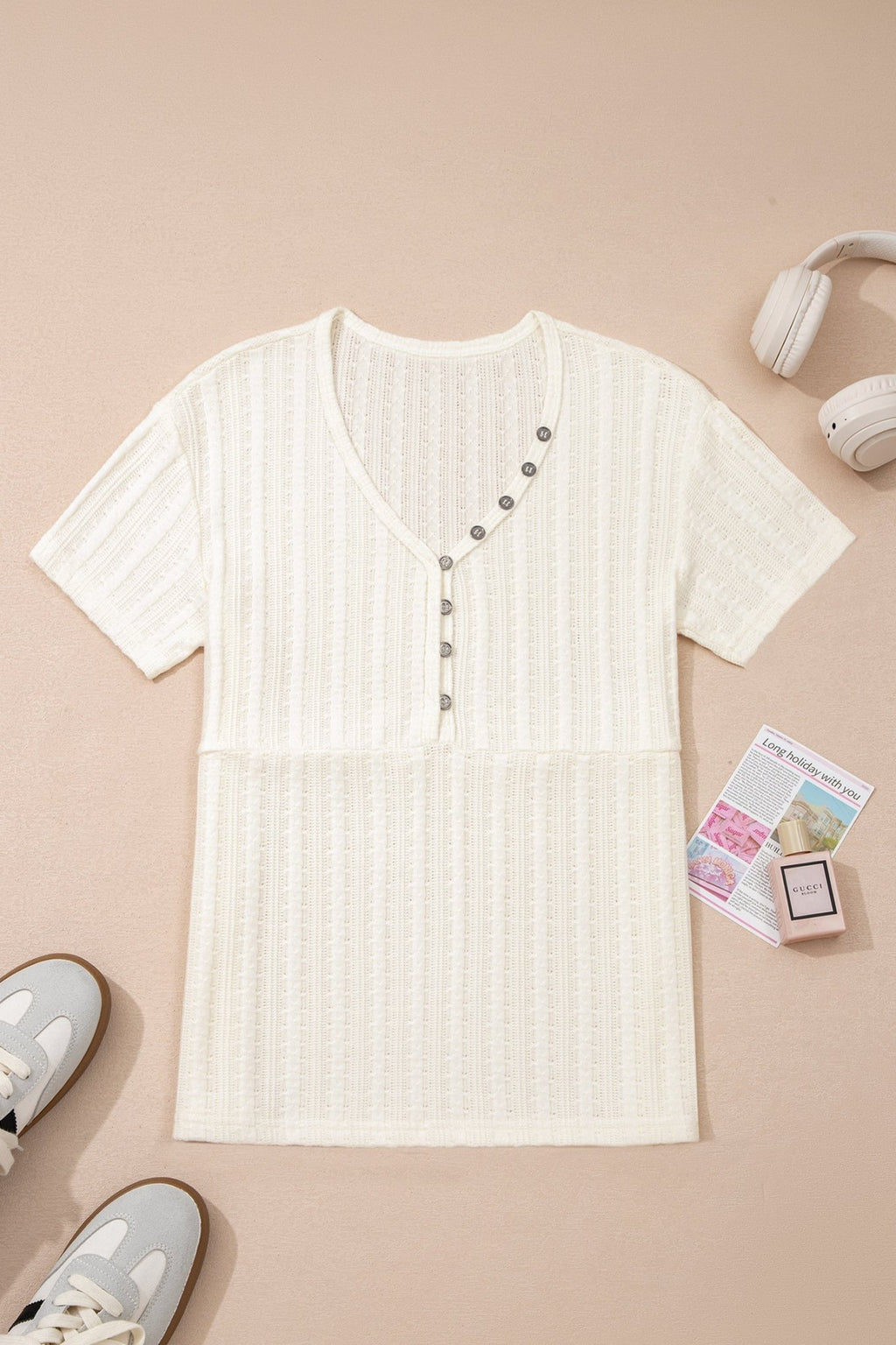 Solid Textured Knit V-Neck Henley Tee - Rooted & Reckless Co.