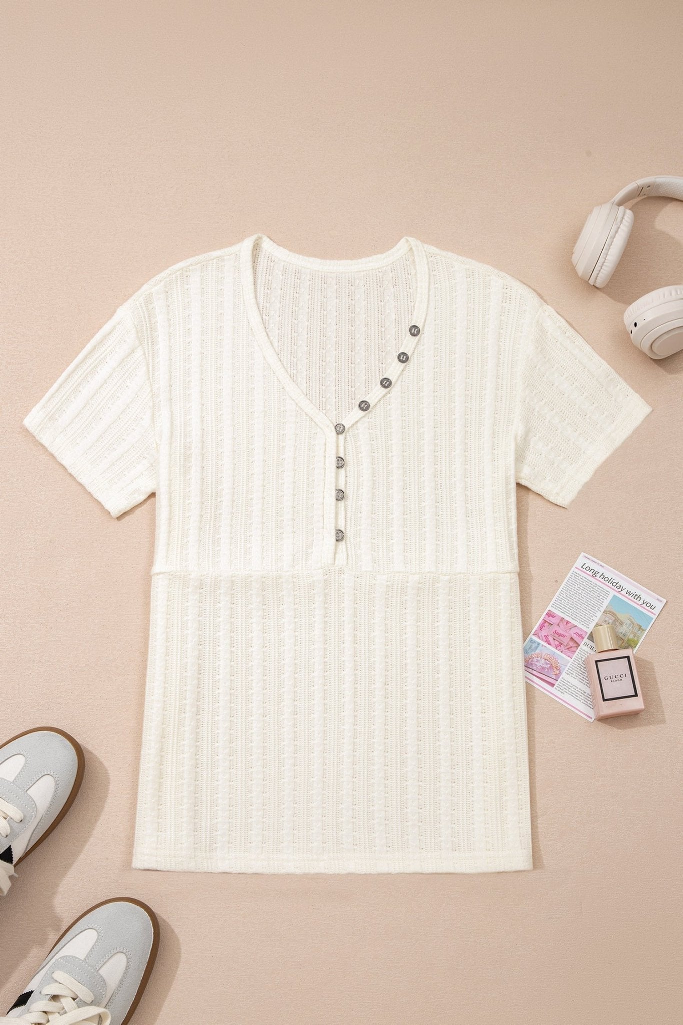 Solid Textured Knit V-Neck Henley Tee - Rooted & Reckless Co.