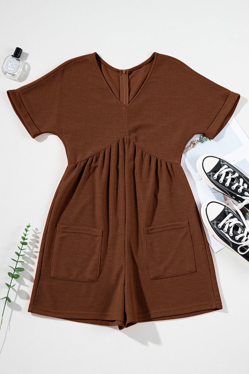 Solid Textured Knit V-Neck Zip Up Romper - Rooted & Reckless Co.