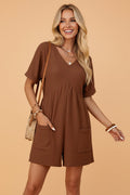Solid Textured Knit V-Neck Zip Up Romper - Rooted & Reckless Co.