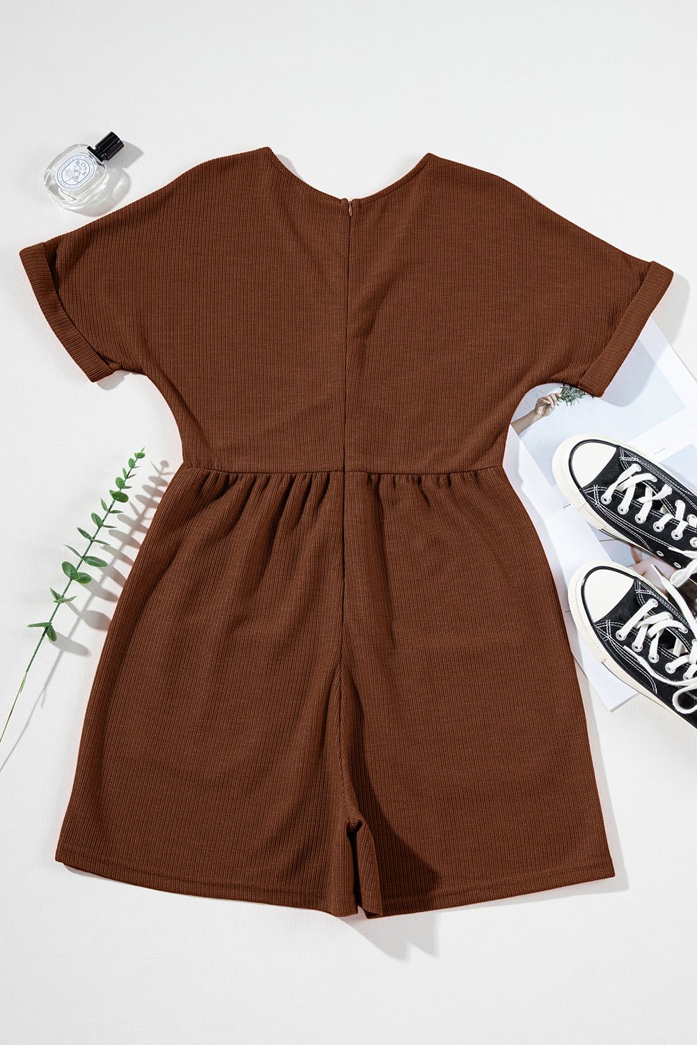 Solid Textured Knit V-Neck Zip Up Romper - Rooted & Reckless Co.