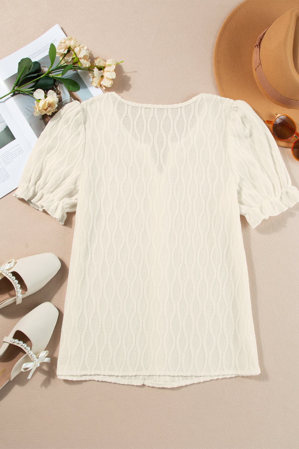 Solid Textured Notch Neck Puff Sleeve Blouse - Rooted & Reckless Co.