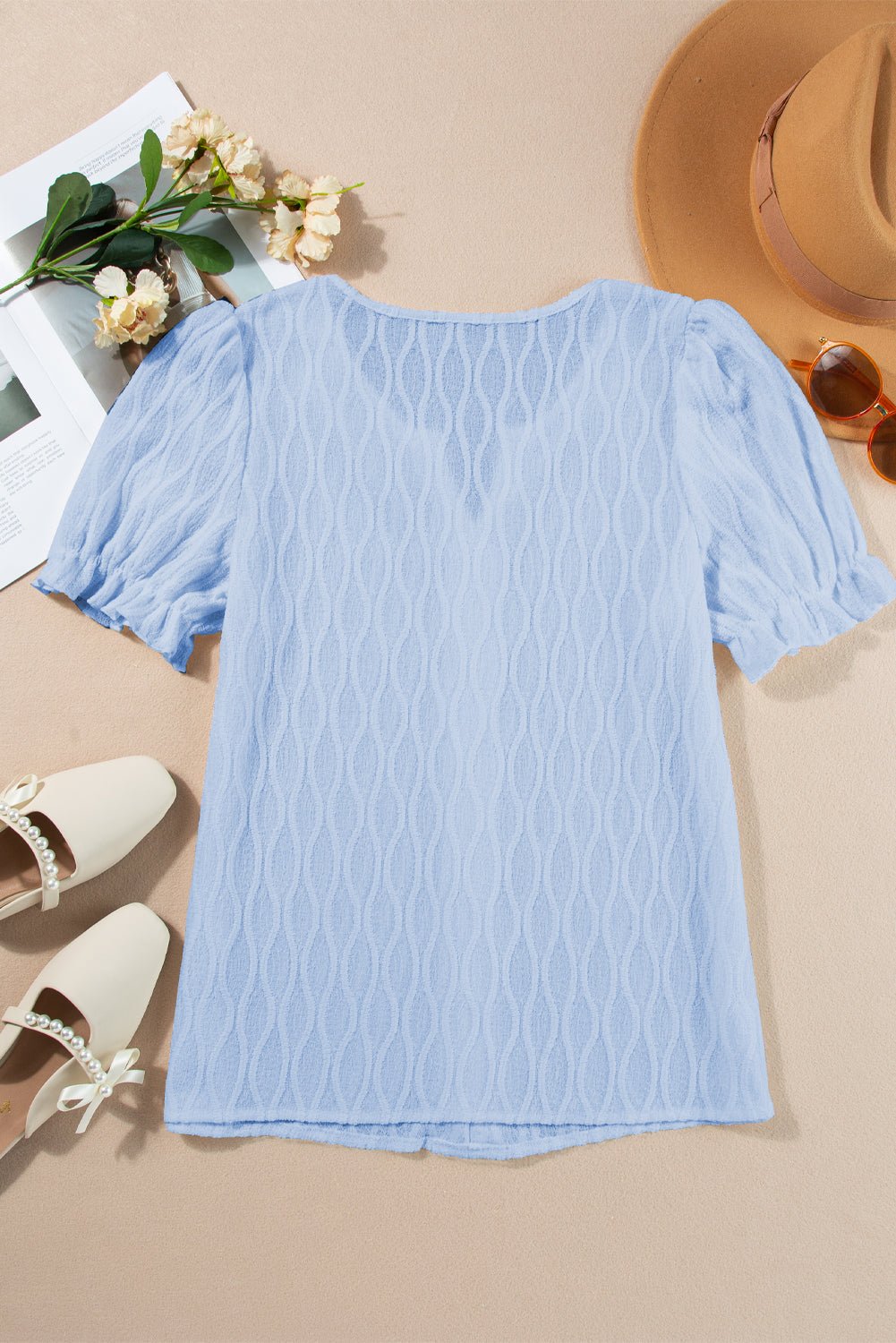 Solid Textured Notch Neck Puff Sleeve Blouse - Rooted & Reckless Co.