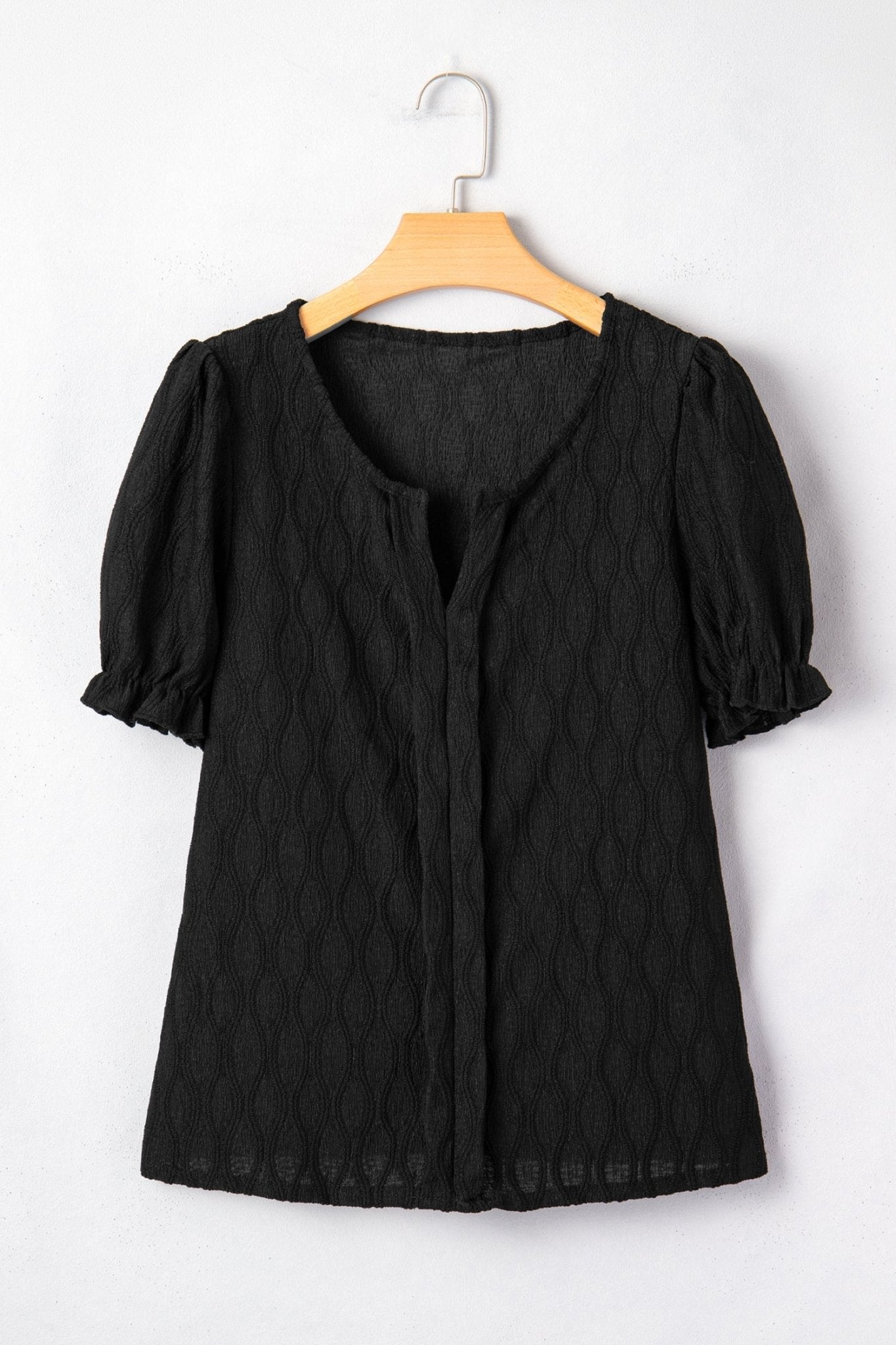 Solid Textured Notch Neck Puff Sleeve Blouse - Rooted & Reckless Co.