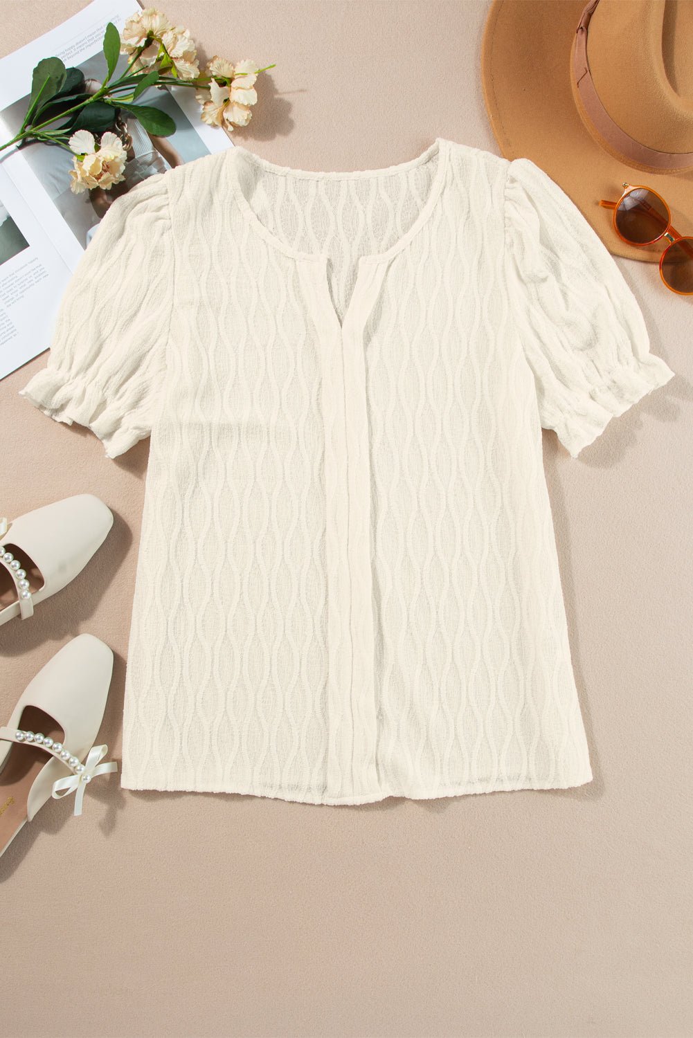 Solid Textured Notch Neck Puff Sleeve Blouse - Rooted & Reckless Co.