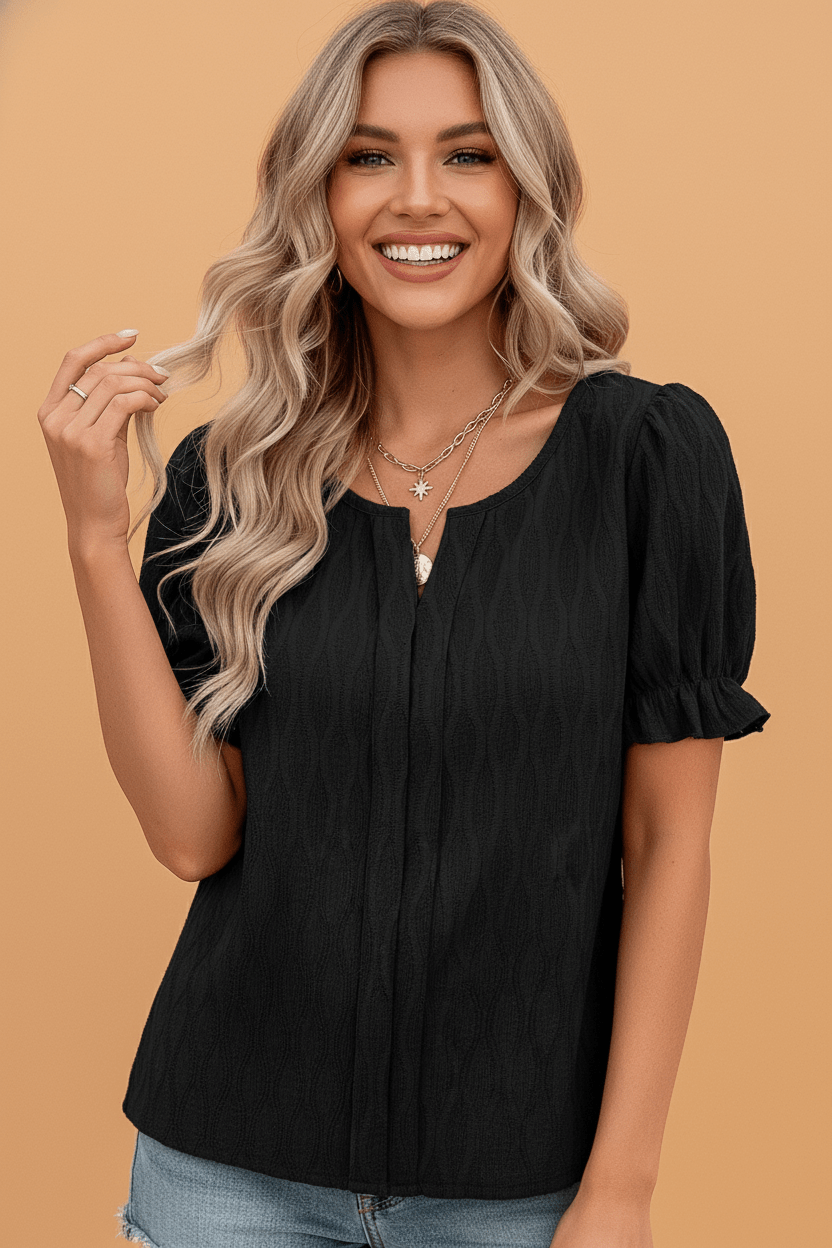 Solid Textured Notch Neck Puff Sleeve Blouse - Rooted & Reckless Co.