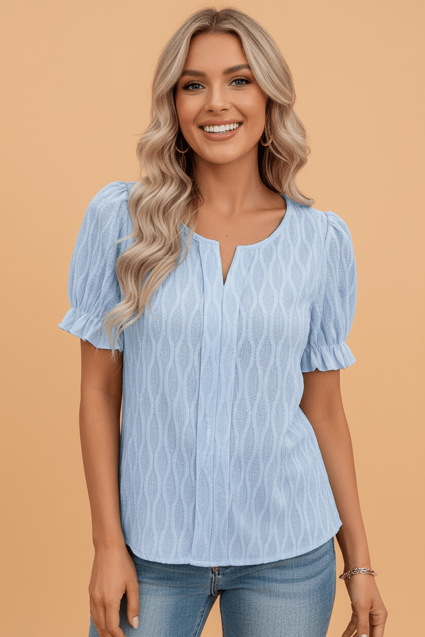 Solid Textured Notch Neck Puff Sleeve Blouse - Rooted & Reckless Co.