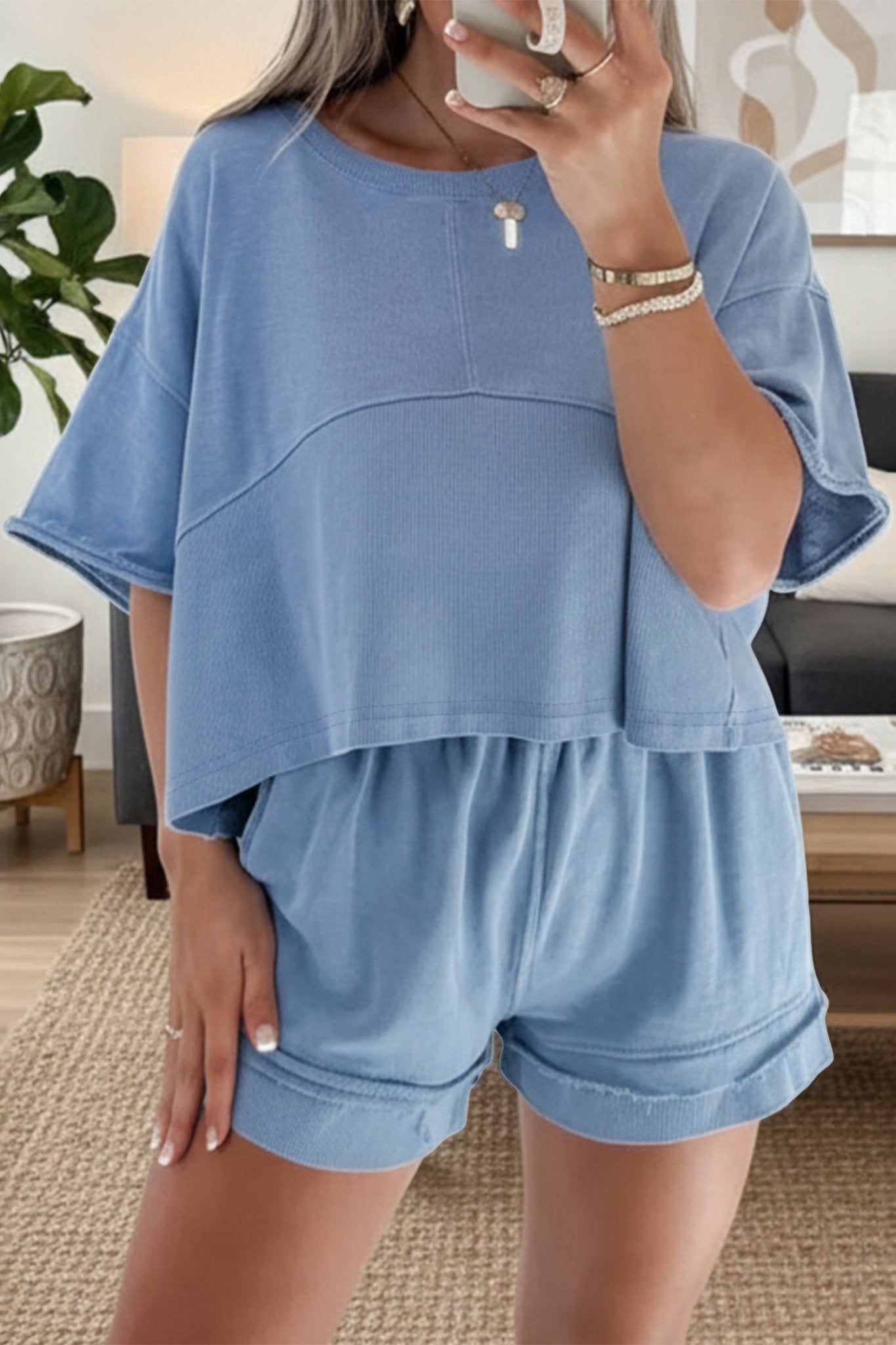 Solid Textured Raw Edge Top and Short Set - Rooted & Reckless Co.