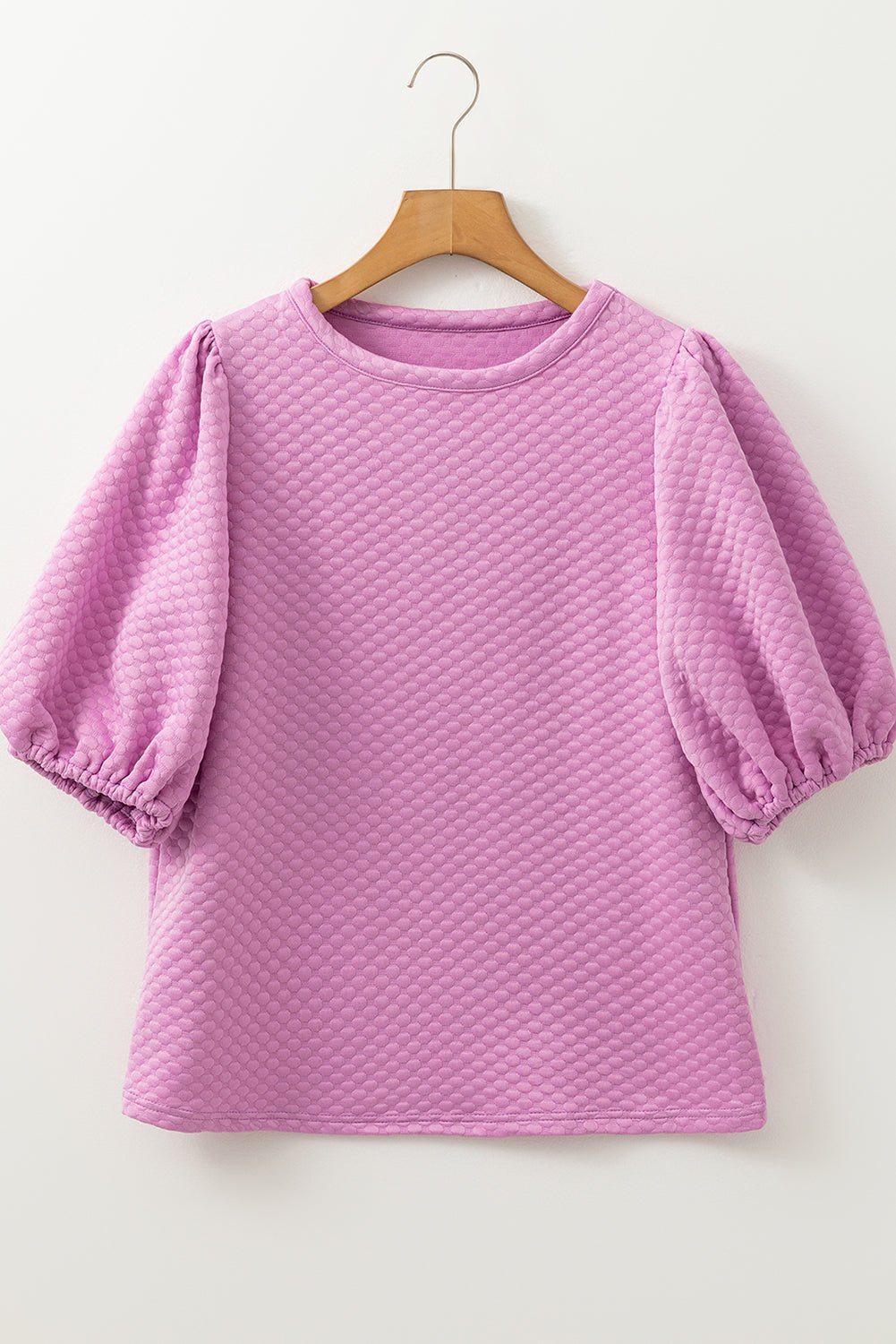 Solid Textured Round Neck Puff Sleeve Blouse - Rooted & Reckless Co.