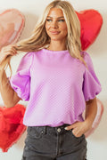 Solid Textured Round Neck Puff Sleeve Blouse - Rooted & Reckless Co.
