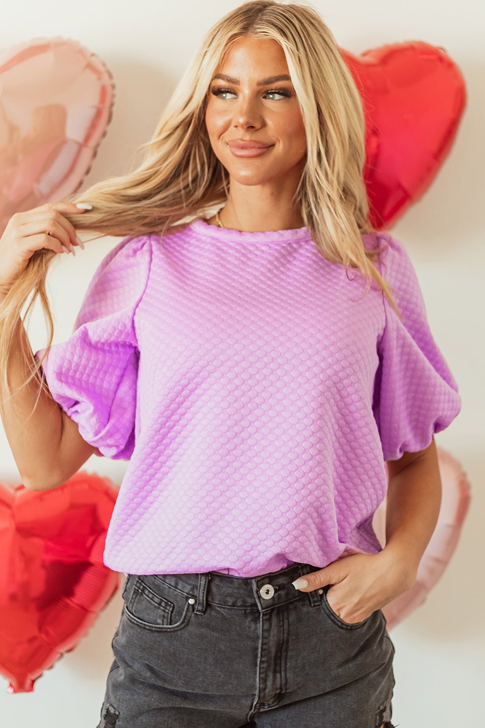 Solid Textured Round Neck Puff Sleeve Blouse - Rooted & Reckless Co.