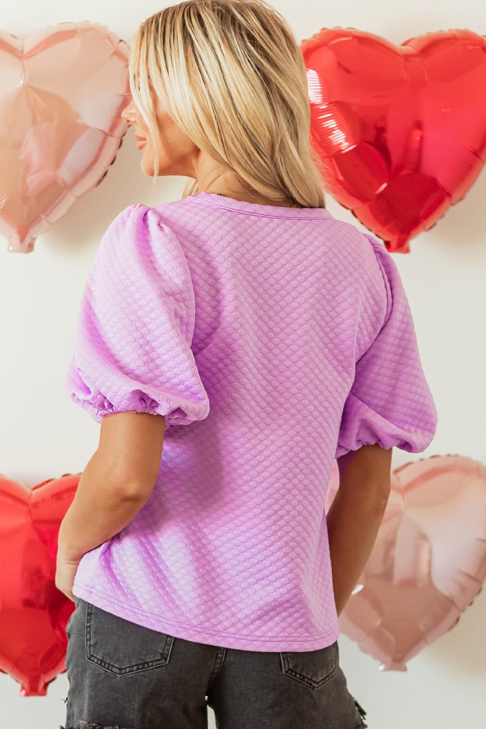 Solid Textured Round Neck Puff Sleeve Blouse - Rooted & Reckless Co.