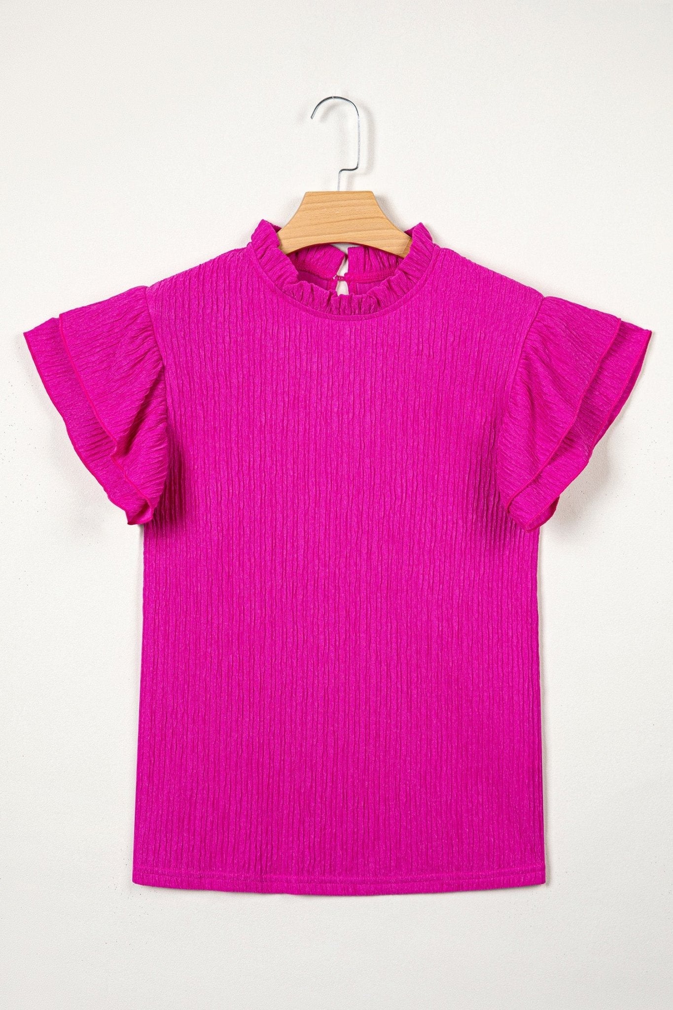 Solid Textured Ruffle Trim Short Sleeve Blouse - Rooted & Reckless Co.