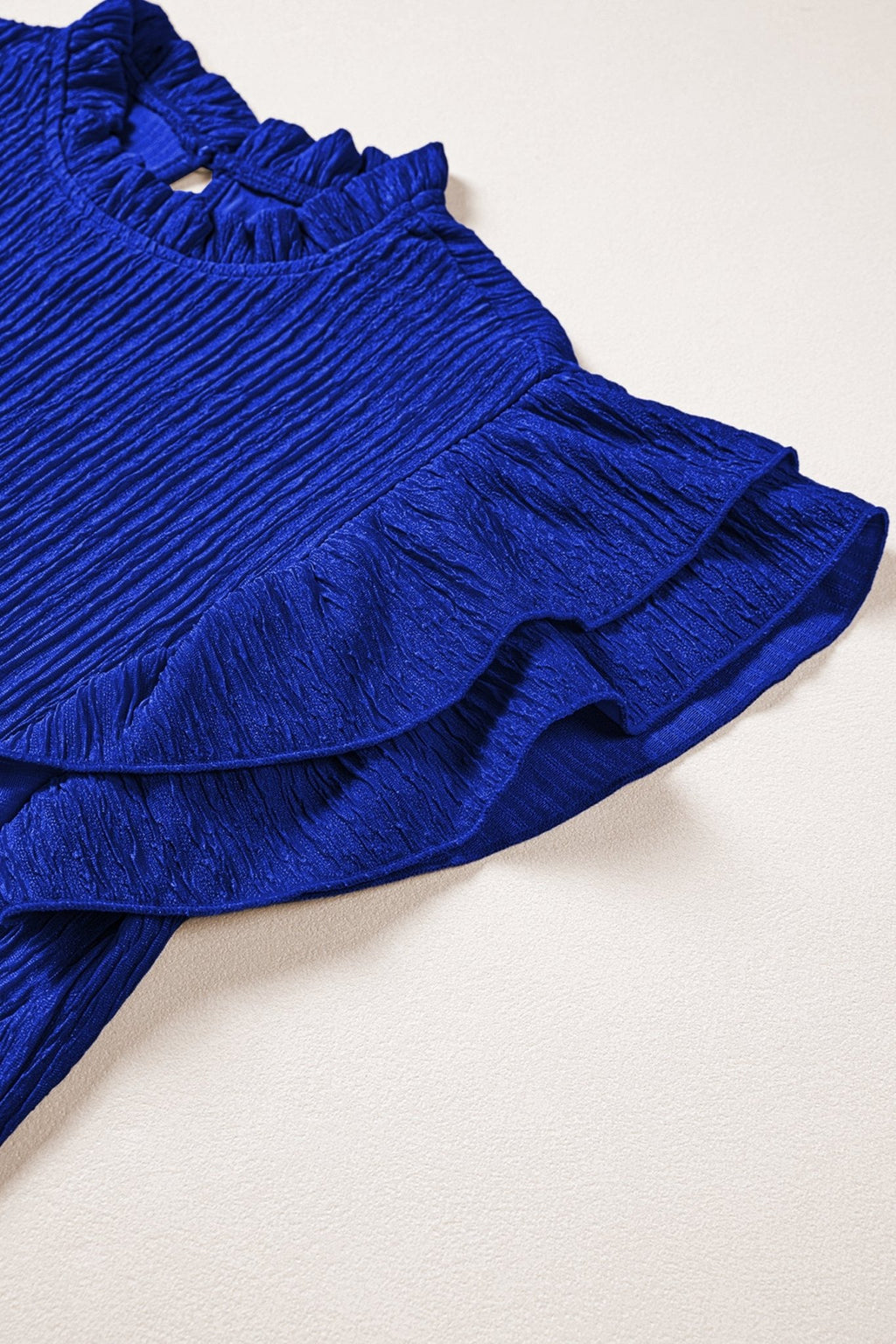 Solid Textured Ruffle Trim Short Sleeve Blouse - Rooted & Reckless Co.