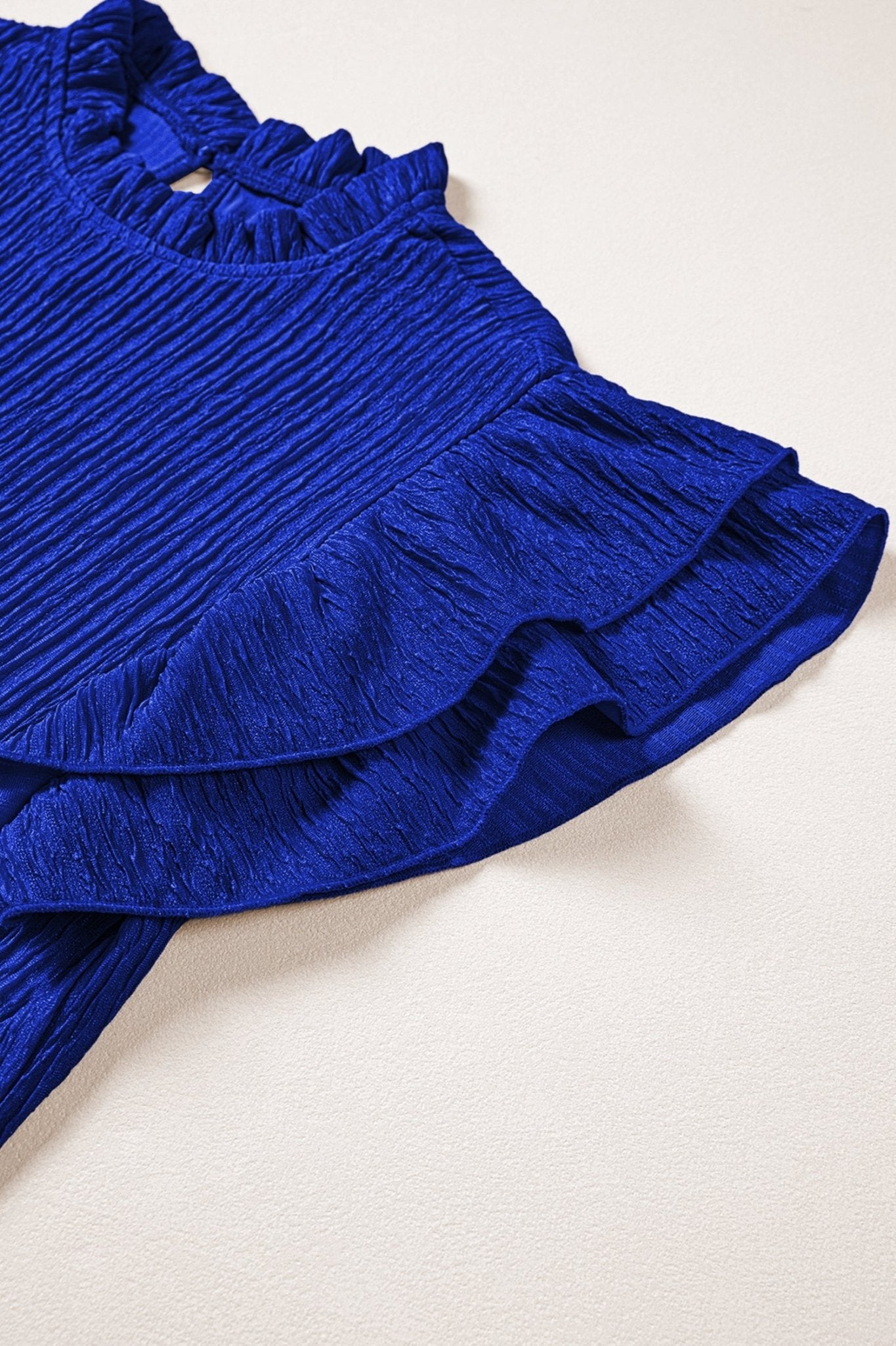 Solid Textured Ruffle Trim Short Sleeve Blouse - Rooted & Reckless Co.