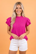 Solid Textured Ruffle Trim Short Sleeve Blouse - Rooted & Reckless Co.