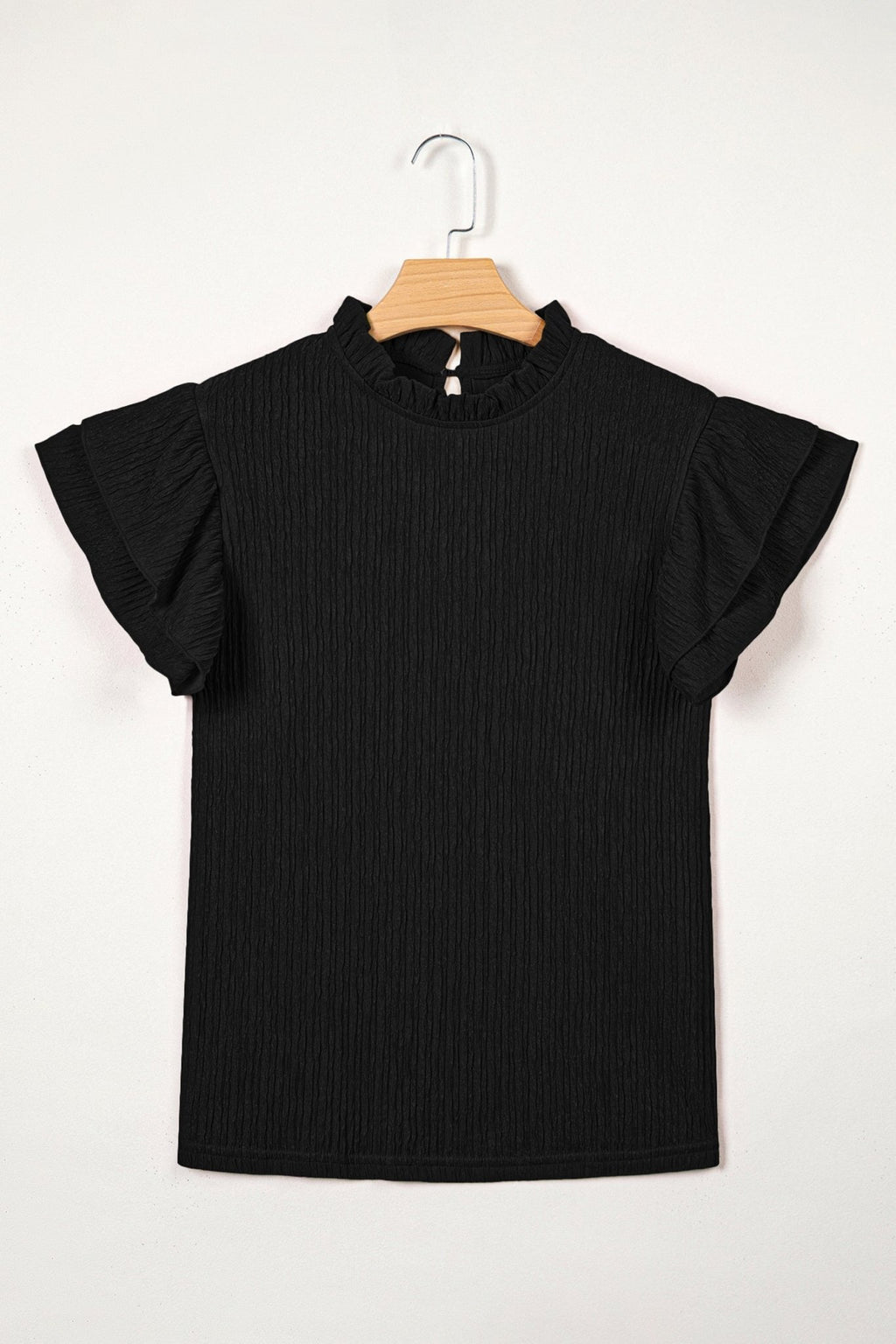 Solid Textured Ruffle Trim Short Sleeve Blouse - Rooted & Reckless Co.