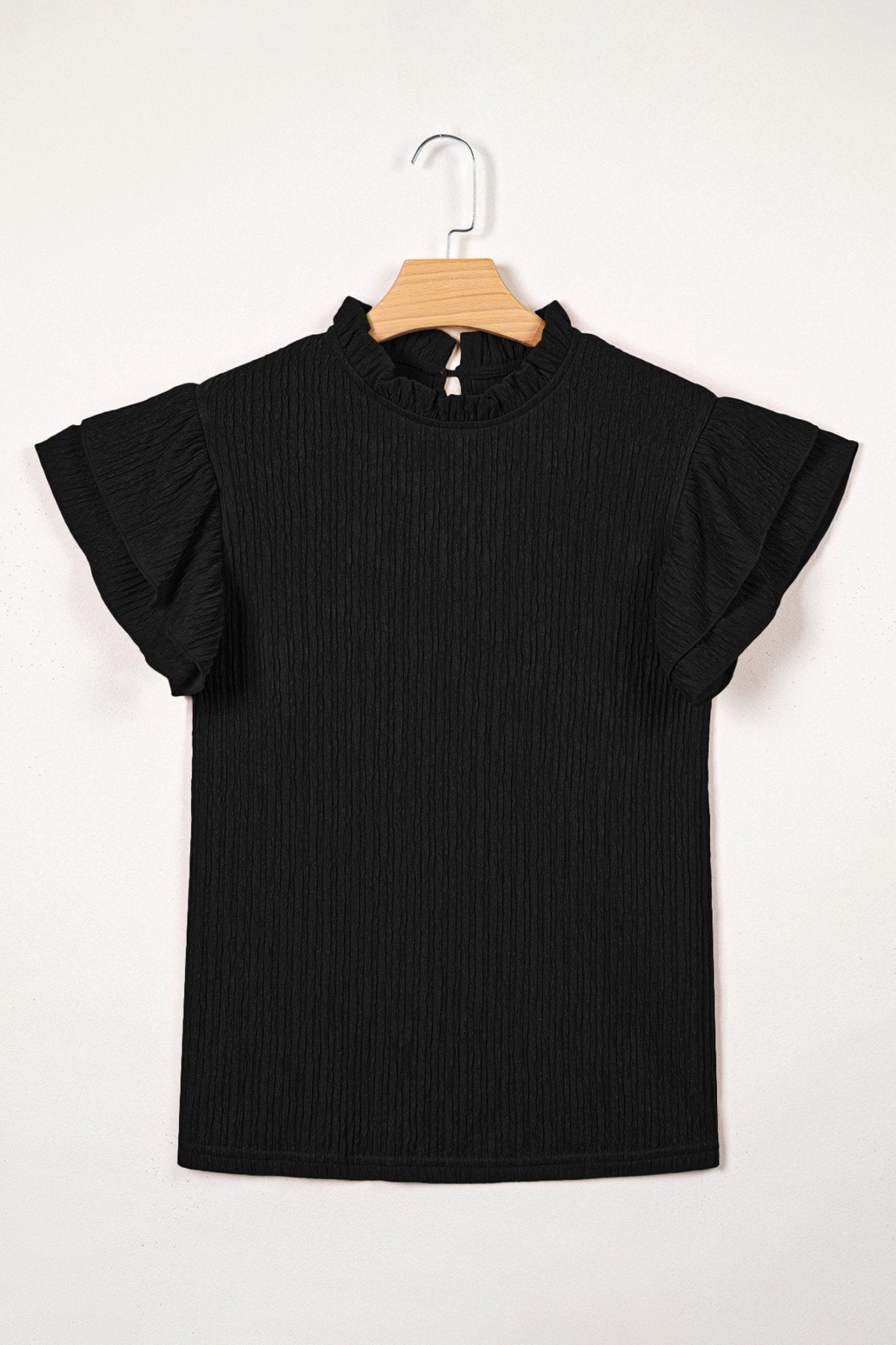 Solid Textured Ruffle Trim Short Sleeve Blouse - Rooted & Reckless Co.