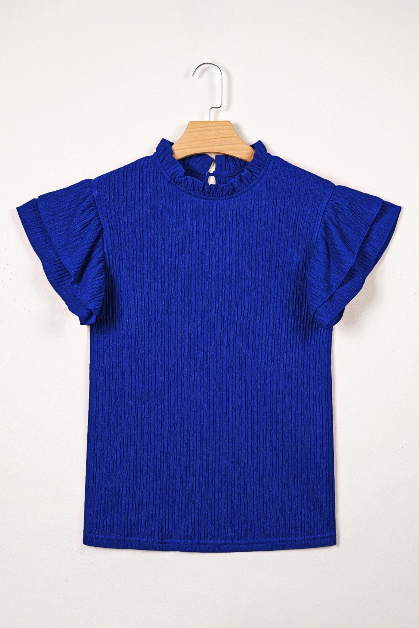Solid Textured Ruffle Trim Short Sleeve Blouse - Rooted & Reckless Co.