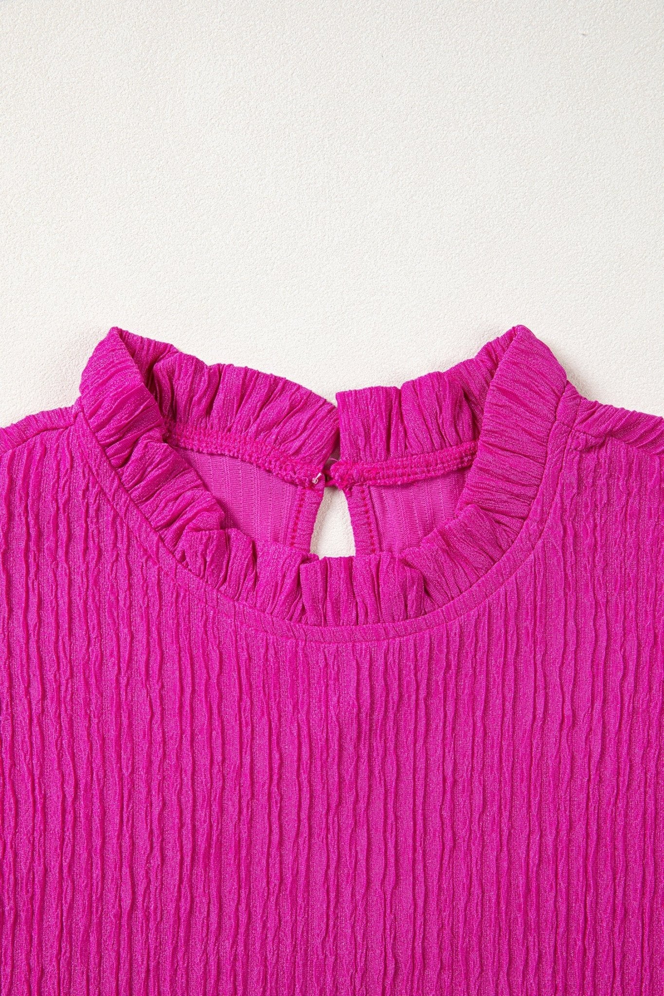 Solid Textured Ruffle Trim Short Sleeve Blouse - Rooted & Reckless Co.