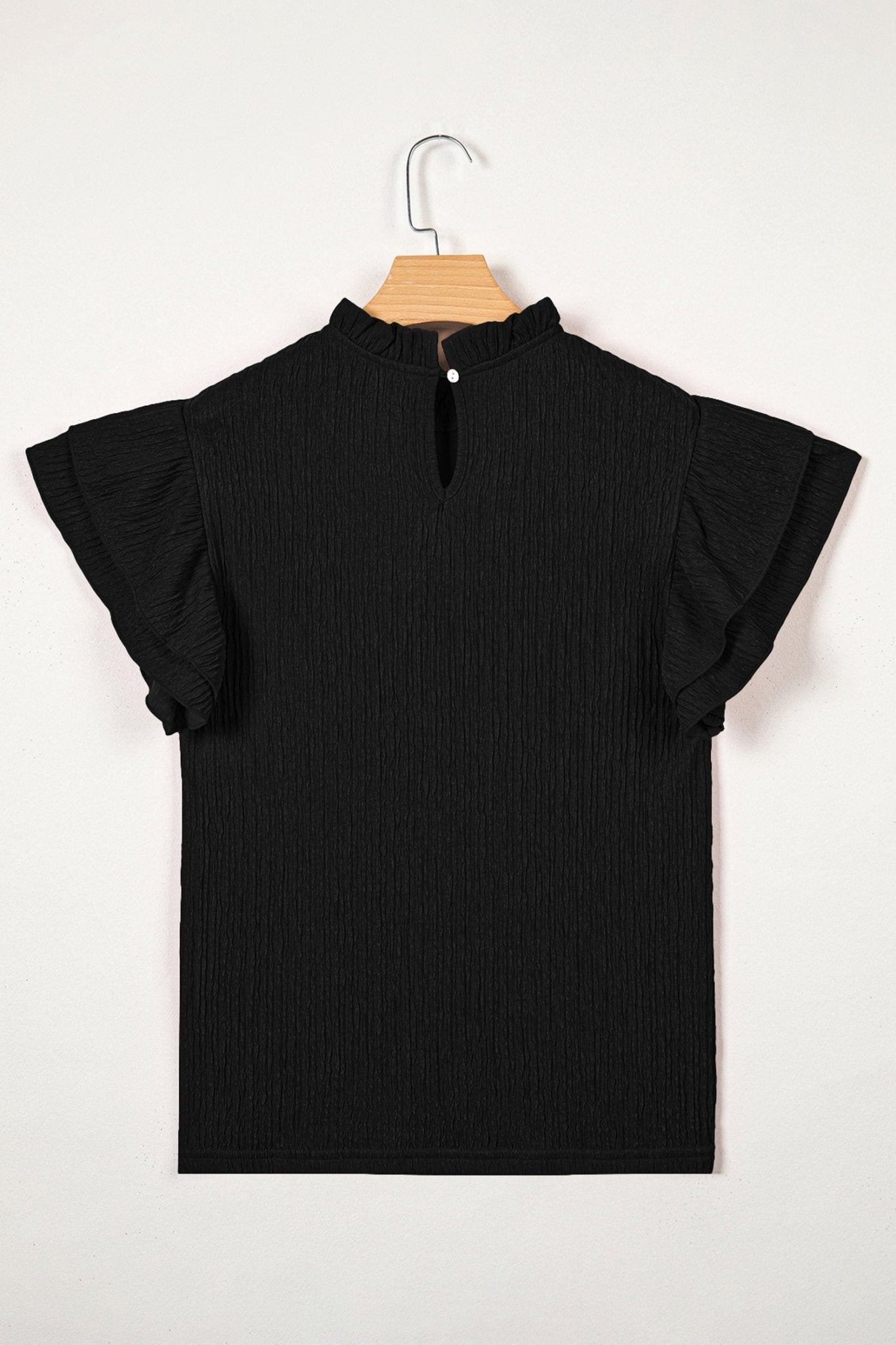 Solid Textured Ruffle Trim Short Sleeve Blouse - Rooted & Reckless Co.