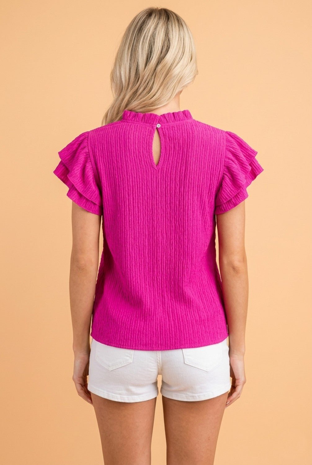 Solid Textured Ruffle Trim Short Sleeve Blouse - Rooted & Reckless Co.