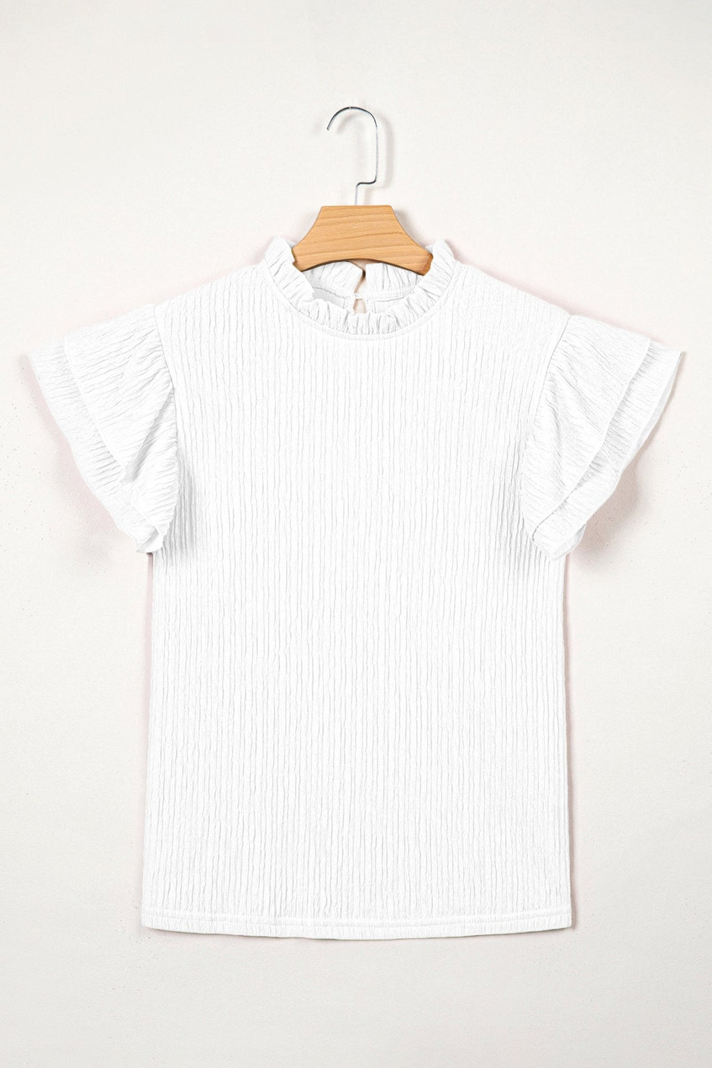 Solid Textured Ruffle Trim Short Sleeve Blouse - Rooted & Reckless Co.