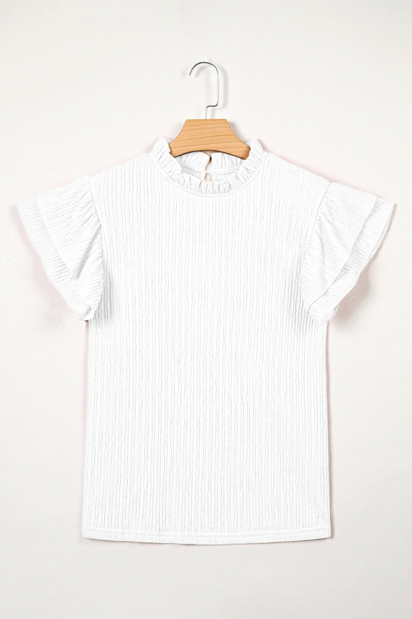 Solid Textured Ruffle Trim Short Sleeve Blouse - Rooted & Reckless Co.