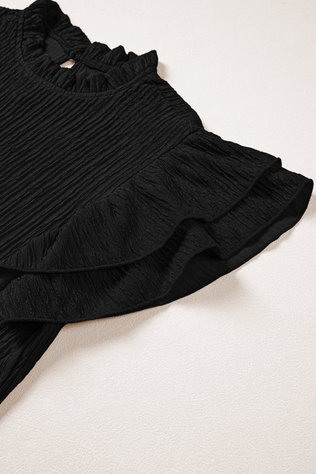 Solid Textured Ruffle Trim Short Sleeve Blouse - Rooted & Reckless Co.