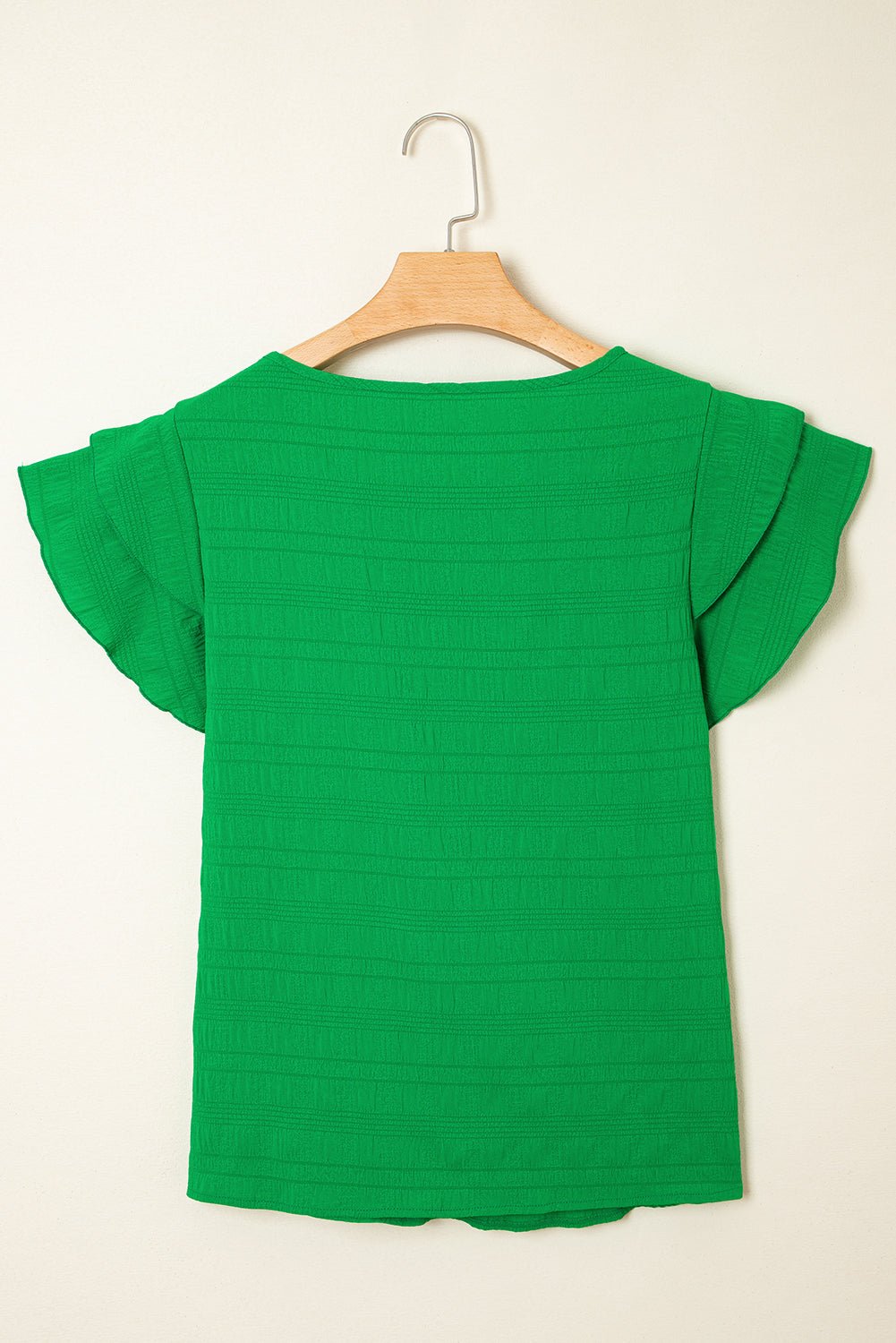 Solid Textured Ruffled Sleeve Round Neck Top - Rooted & Reckless Co.