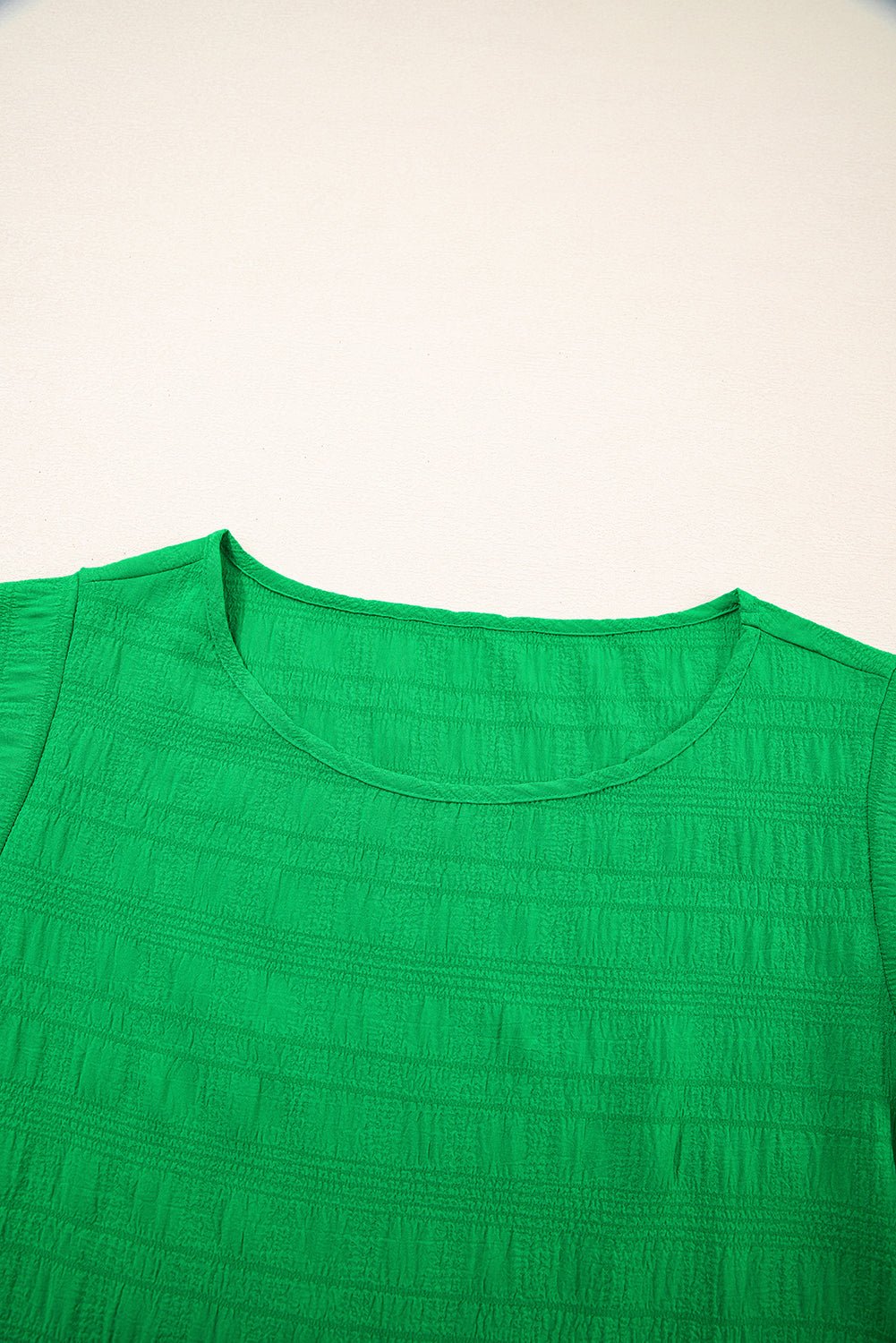Solid Textured Ruffled Sleeve Round Neck Top - Rooted & Reckless Co.
