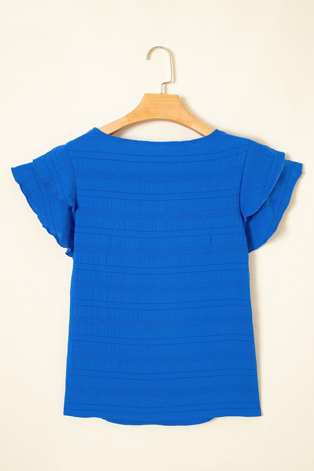Solid Textured Ruffled Sleeve Round Neck Top - Rooted & Reckless Co.