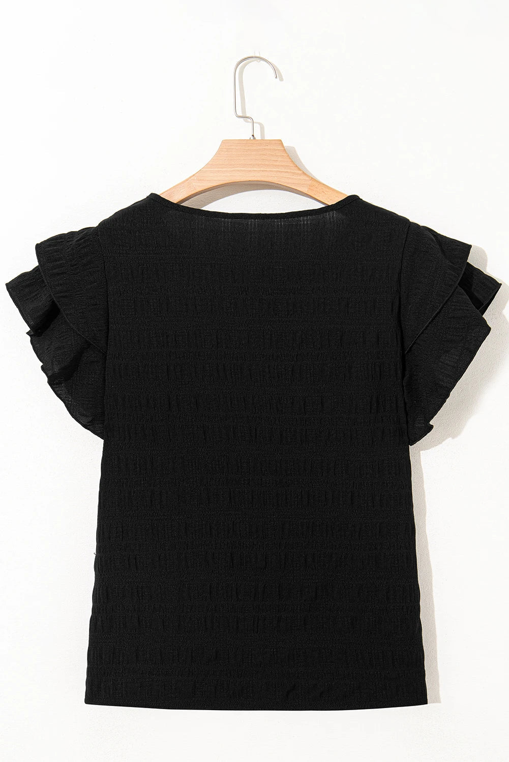 Solid Textured Ruffled Sleeve Round Neck Top - Rooted & Reckless Co.