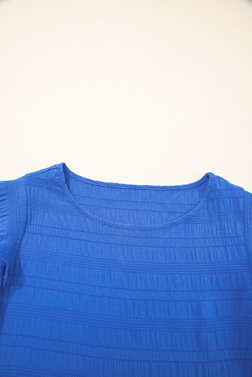 Solid Textured Ruffled Sleeve Round Neck Top - Rooted & Reckless Co.
