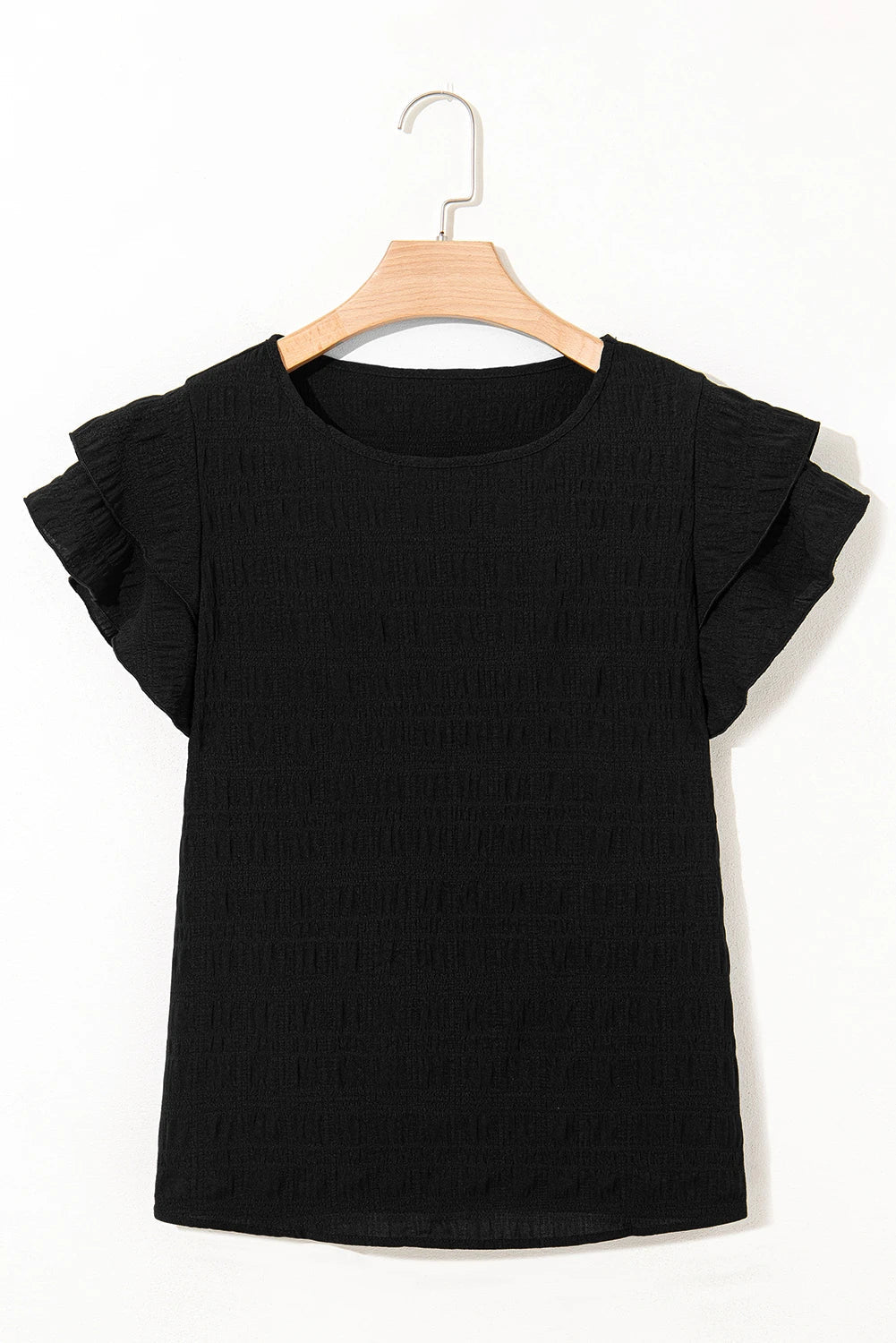 Solid Textured Ruffled Sleeve Round Neck Top - Rooted & Reckless Co.