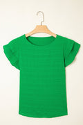 Solid Textured Ruffled Sleeve Round Neck Top - Rooted & Reckless Co.