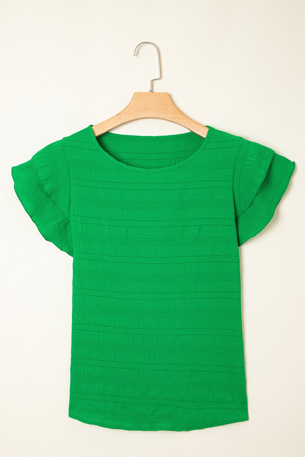 Solid Textured Ruffled Sleeve Round Neck Top - Rooted & Reckless Co.