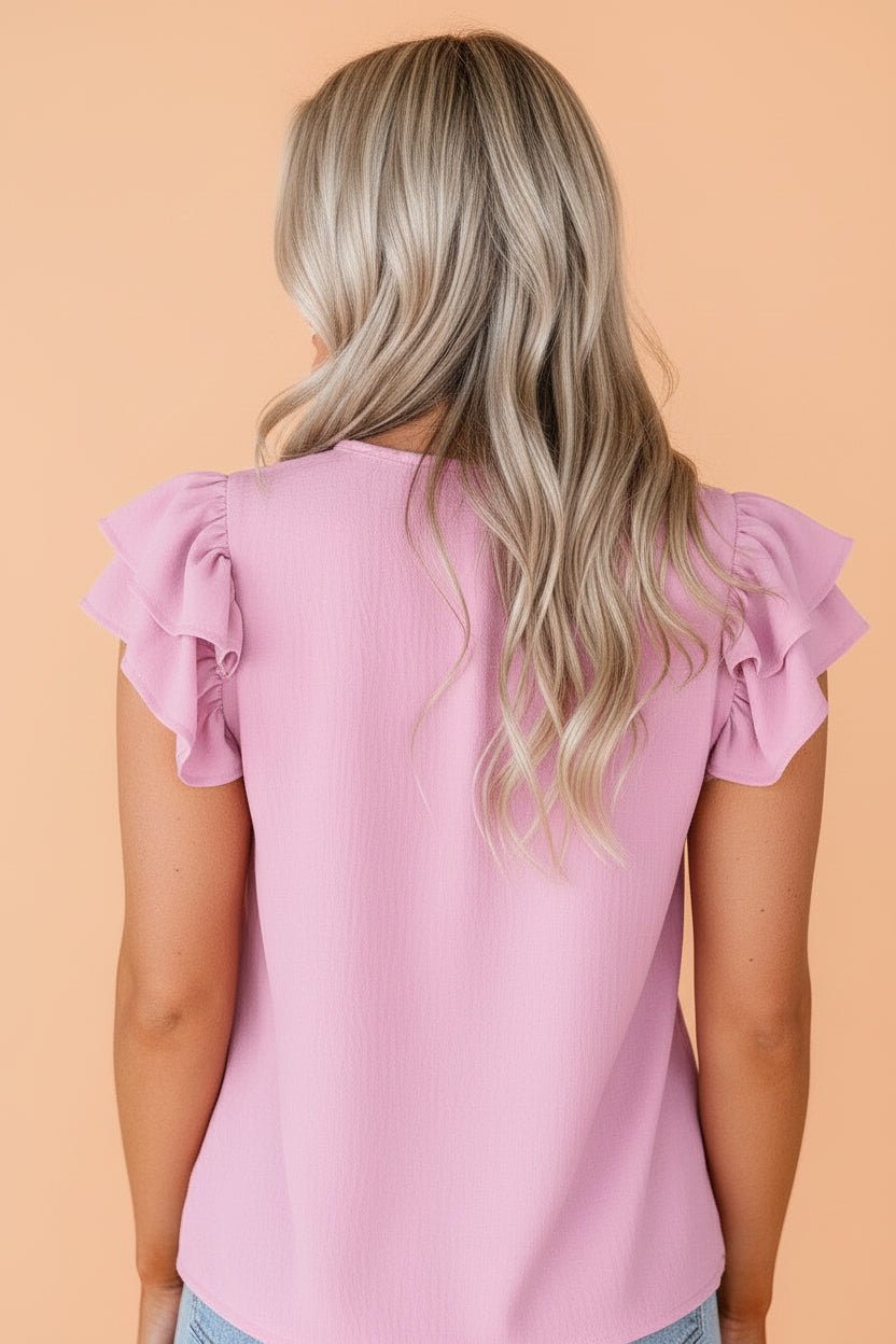 Solid Textured V-Neck Ruffle Sleeve Tank Top - Rooted & Reckless Co.