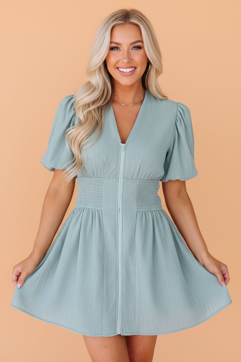 Solid Textured Zip Up V-Neck Mini Dress - Rooted & Reckless Co.